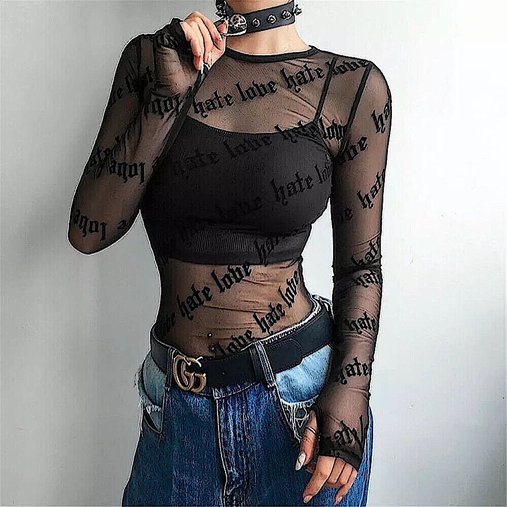 Black love hate mesh long sleeve shirt